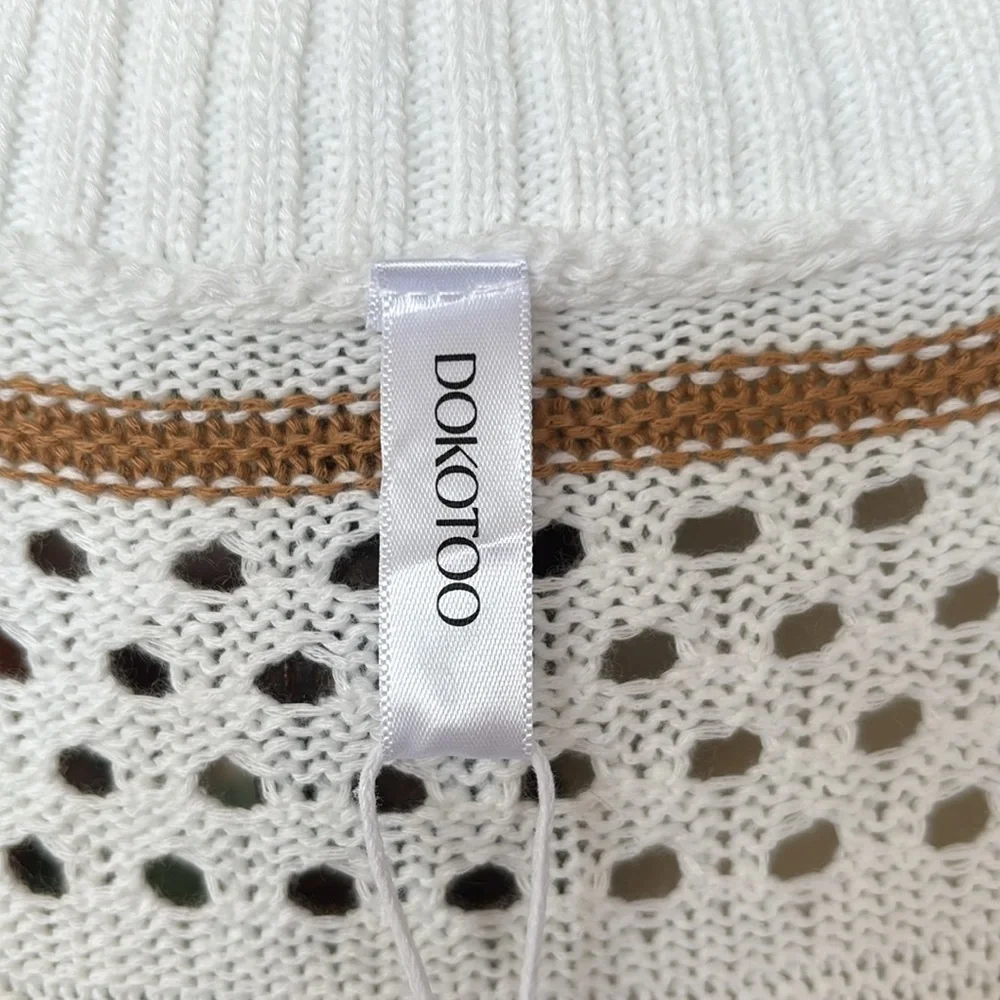 Brand New Dokotoo White Striped Crochet Knit Sweater Dress Swim Coverup V-Neck